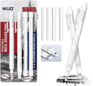 WUO Pen Style Eraser Set, 2 Pack with 4 Refills, Round & Square Tips | White Retractable Precision Eraser Pens for Drawing, Sketching & Detail Correction, Smudge-Free TPE for School & Office WUO Pen Style Eraser Set, 2 Pack with 4 Refills, Round & Square Tips | White Retractable Precision Eraser Pens for Drawing, Sketching & Detail Correction, Smudge-Free TPE for School & Office