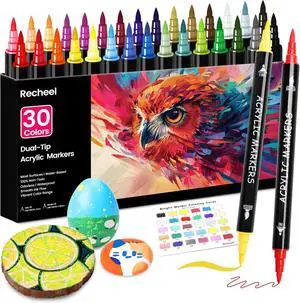 Recheel Acrylic Paint Markers, 30 Colors Dual Tip Fine & Brush Pens for Art | For Rock, Wood, Canvas, Glass, Ceramic & More, Perfect for Multi-Surface DIY Crafts and Creative Art Projects Recheel Acrylic Paint Markers, 30 Colors Dual Tip Fine & Brush Pens for Art | For Rock, Wood, Canvas, Glass, Ceramic & More, Perfect for Multi-Surface DIY Crafts and Creative Art Projects