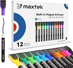 maxtek Magnetic Whiteboard Markers - 12 Count Colorful Fine Tip Dry Erase Markers with Eraser for Kids, Low Odor Thin Markers for Calendar Boards maxtek Magnetic Whiteboard Markers - 12 Count Colorful Fine Tip Dry Erase Markers with Eraser for Kids, Low Odor Thin Markers for Calendar Boards
