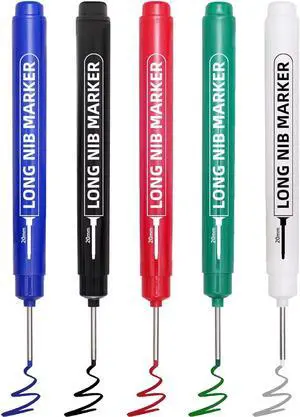 5 PCS Long Nib Marker Pens, 20mm Deep Hole Marker Pens | Quick Dry Waterproof Construction Markers, Long Head Markers for Metal, Steel, Tile, Glass, Carpenter Marking for Woodworking 5 PCS Long Nib Marker Pens, 20mm Deep Hole Marker Pens | Quick Dry Waterproof Construction Markers, Long Head Markers for Metal, Steel, Tile, Glass, Carpenter Marking for Woodworking