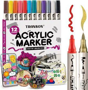 TRANSON 12 Colors Bold and Brush Dual-tip Acrylic Paint Marker Pen Set for Canvas Rock Wood Leather Ceramic DIY Painting TRANSON 12 Colors Bold and Brush Dual-tip Acrylic Paint Marker Pen Set for Canvas Rock Wood Leather Ceramic DIY Painting