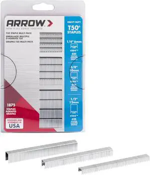 Arrow 50MP T50 Staples Multipack, 1/4", 3/8" and 1/2" Sizes, 1875 Count | Heavy Duty, For Upholstery, Construction, Furniture, Crafts, Fit Arrow T50 Staple Guns, Hammer Tackers and Pneumatic Tools Arrow 50MP T50 Staples Multipack, 1/4", 3/8" and 1/2" Sizes, 1875 Count | Heavy Duty, For Upholstery, Construction, Furniture, Crafts, Fit Arrow T50 Staple Guns, Hammer Tackers and Pneumatic Tools
