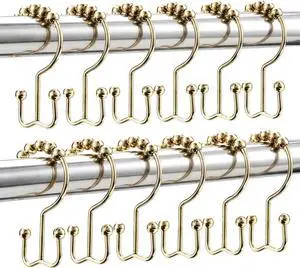 Shower Curtain Hooks Rings, Rust Resistant Metal Hangers Double Glide Bathroom Accessories for Rods Curtains, 12 PCS, Gold Shower Curtain Hooks Rings, Rust Resistant Metal Hangers Double Glide Bathroom Accessories for Rods Curtains, 12 PCS, Gold