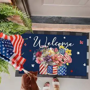 Patriotic Floral Welcome Door Mat 17"x30", American Flag Glass Bottle Print, Non-Slip Absorbent Entryway Rug for Indoor Outdoor, 4th of July & Independence Day Decor Patriotic Floral Welcome Door Mat 17"x30", American Flag Glass Bottle Print, Non-Slip Absorbent Entryway Rug for Indoor Outdoor, 4th of July & Independence Day Decor