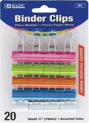 BAZIC Products Small 3/4" (19mm) Assorted Color Binder Clip (20/Pack), 263 | assorted color binder clips, clamp paper stacks tight and hold without staples or folds BAZIC Products Small 3/4" (19mm) Assorted Color Binder Clip (20/Pack), 263 | assorted color binder clips, clamp paper stacks tight and hold without staples or folds