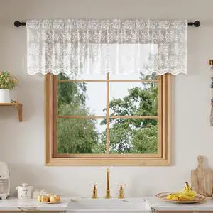Rinwoc White Lace Semi-Sheer Valance Cafe Curtains Vintage Floral Lace Tiers for Bedroom, Privacy Light Filtering Rod Pocket Window Valances, Elegant Scalloped Valances 1 Panel, 52W x 18L Inch Rinwoc White Lace Semi-Sheer Valance Cafe Curtains Vintage Floral Lace Tiers for Bedroom, Privacy Light Filtering Rod Pocket Window Valances, Elegant Scalloped Valances 1 Panel, 52W x 18L Inch