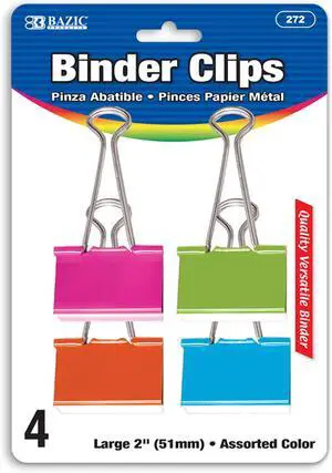 BAZIC Assorted Color Binder Clip 2 Inch (51mm) (272) | assorted color binder clips, clamp paper stacks tight and hold without staples or folds BAZIC Assorted Color Binder Clip 2 Inch (51mm) (272) | assorted color binder clips, clamp paper stacks tight and hold without staples or folds