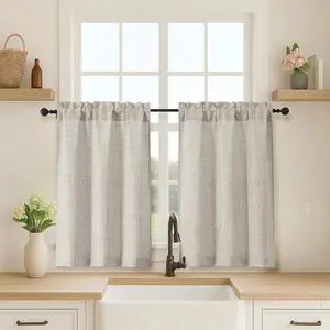 OVZME 2 Panels Kitchen Curtains 36 Inch Length, Faux Linen Textured Small Cafe Window Curtain Over Sink, Light Filtering Short Curtain Tiers for Bathroom Basement, 30x36 Inch, 2PCS, Linen Color OVZME 2 Panels Kitchen Curtains 36 Inch Length, Faux Linen Textured Small Cafe Window Curtain Over Sink, Light Filtering Short Curtain Tiers for Bathroom Basement, 30x36 Inch, 2PCS, Linen Color