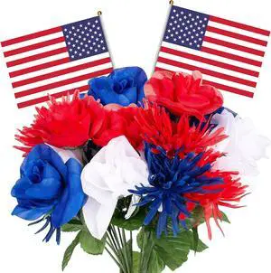 12 Stems Patriotic Memorial Bouquet, Artificial Blooming Chrysanthemum | Red White Blue Flowers, Thank You Veterans Roses with American Flags, Artificial Full Blooming Flowers for Memorial Day 12 Stems Patriotic Memorial Bouquet, Artificial Blooming Chrysanthemum | Red White Blue Flowers, Thank You Veterans Roses with American Flags, Artificial Full Blooming Flowers for Memorial Day