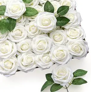Artificial Ivory Foam Roses with Stems & Leaves - Pack of 50, Perfect for Wedding Centerpieces, Event Decor, DIY Bouquets, and More Artificial Ivory Foam Roses with Stems & Leaves - Pack of 50, Perfect for Wedding Centerpieces, Event Decor, DIY Bouquets, and More