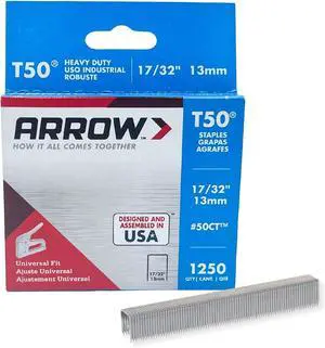 Arrow 50CT T50 Heavy Duty Staples for Staple Guns, Use for Ceiling Tile, Upholstery, Construction, Furniture, Crafts, 17/32-Inch, 1250-Pack Arrow 50CT T50 Heavy Duty Staples for Staple Guns, Use for Ceiling Tile, Upholstery, Construction, Furniture, Crafts, 17/32-Inch, 1250-Pack
