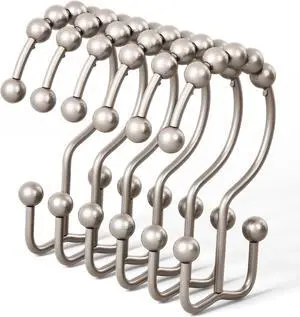 DAWNER Shower Curtain Hooks, Rust Proof Metal Easy Glide Double Rings, Stainless Steel Hangers for Bathroom Curtains, Set of 12, Brushed Nickel DAWNER Shower Curtain Hooks, Rust Proof Metal Easy Glide Double Rings, Stainless Steel Hangers for Bathroom Curtains, Set of 12, Brushed Nickel