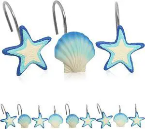 Beach Shower Curtain Hooks Set of 12 with Starfish & Seashell | Coastal shower hooks with rust-resistant metal rings, smooth gliding design for ocean themed bathroom decor. Beach Shower Curtain Hooks Set of 12 with Starfish & Seashell | Coastal shower hooks with rust-resistant metal rings, smooth gliding design for ocean themed bathroom decor.
