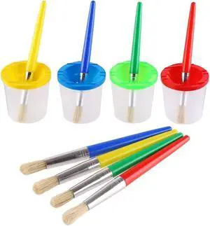 VEYLIN 4 Pcs Spill Proof Paint Cups and 4 Color Hog Bristle Paint Brushes with Handles for Kids VEYLIN 4 Pcs Spill Proof Paint Cups and 4 Color Hog Bristle Paint Brushes with Handles for Kids