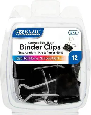 BAZIC Products Assorted Size Binder Clips, Black, 12 Ct | clamp paper stacks tight and hold without staples or folds BAZIC Products Assorted Size Binder Clips, Black, 12 Ct | clamp paper stacks tight and hold without staples or folds