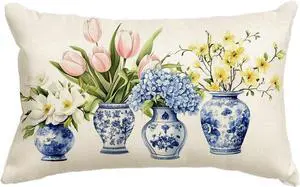 AVOIN colorlife Blue and White Porcelain Vase Chinoiserie Throw Pillow Cover, 12 x 20 Inch Spring Flowers Tulip Hydrangea Cushion Case for Sofa Couch AVOIN colorlife Blue and White Porcelain Vase Chinoiserie Throw Pillow Cover, 12 x 20 Inch Spring Flowers Tulip Hydrangea Cushion Case for Sofa Couch