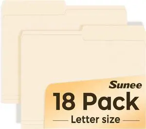 SUNEE File Folders, 18 Pack Manilla Folders 8.5 x 11, 1/2 Cut Tab for Easy Labeling and Organization, Durable Standard Paper for Home, Office, School Filing SUNEE File Folders, 18 Pack Manilla Folders 8.5 x 11, 1/2 Cut Tab for Easy Labeling and Organization, Durable Standard Paper for Home, Office, School Filing