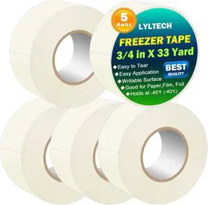 LYLTECH White Freezer Tape 5 Rolls x 3/4in x 33yd -1.5in Core | 165yd Total,Low Temp Resistant Writable surface, easy tear residue-free tape for cold storage freezer marking labeling LYLTECH White Freezer Tape 5 Rolls x 3/4in x 33yd -1.5in Core | 165yd Total,Low Temp Resistant Writable surface, easy tear residue-free tape for cold storage freezer marking labeling
