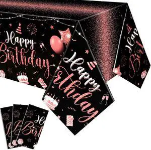 Tudomro 3 Pcs Plastic Happy Birthday Party Tablecloths,Black Rose Gold | Rectangular Disposable Table Cloth,Waterproof, 108 x 54 Inch, for Happy Birthday Party Decor, Baby Shower Party Supplies Tudomro 3 Pcs Plastic Happy Birthday Party Tablecloths,Black Rose Gold | Rectangular Disposable Table Cloth,Waterproof, 108 x 54 Inch, for Happy Birthday Party Decor, Baby Shower Party Supplies