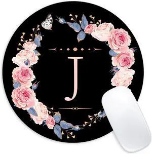Letter J Black and Pink Flowers Round Mouse Pad, Funny Small Mouse Mat with Non-Slip Rubber Base, Home Office Decor Desk Accessory, 8.7 inch Round Letter J Black and Pink Flowers Round Mouse Pad, Funny Small Mouse Mat with Non-Slip Rubber Base, Home Office Decor Desk Accessory, 8.7 inch Round