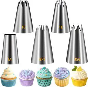 Suuker Large Piping Tips Set, 5 Cake Decorating Tips, 1A 1E 1C 9FT 356 | 5 Large Icing Tips In Round, Open Star, Closed Star, French Star and Drop Flower Shapes for Cakes, Cupcakes and Cookies Suuker Large Piping Tips Set, 5 Cake Decorating Tips, 1A 1E 1C 9FT 356 | 5 Large Icing Tips In Round, Open Star, Closed Star, French Star and Drop Flower Shapes for Cakes, Cupcakes and Cookies