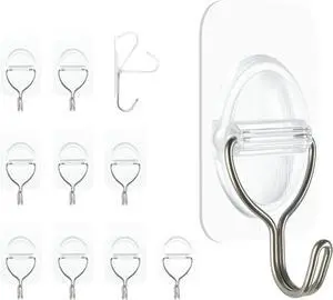 Clear Adhesive Wall Hooks, Removable Stick On Hooks, 10 Pack | 3.5 x 5.3 cm clear pads with stainless steel hooks for kitchen and bathroom storage Clear Adhesive Wall Hooks, Removable Stick On Hooks, 10 Pack | 3.5 x 5.3 cm clear pads with stainless steel hooks for kitchen and bathroom storage