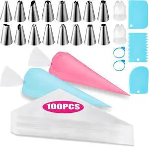 Piping Bags and Tips Set, 100PCS 16 Inch Pastry Bags, Icing Bags Disposable | Cakes Decorating Supplies Kit, Simple Baking Supplies Set with 16 Piping Tips, 3 Cake Scraper, 2 Couplers, 2 Bag Ties Piping Bags and Tips Set, 100PCS 16 Inch Pastry Bags, Icing Bags Disposable | Cakes Decorating Supplies Kit, Simple Baking Supplies Set with 16 Piping Tips, 3 Cake Scraper, 2 Couplers, 2 Bag Ties