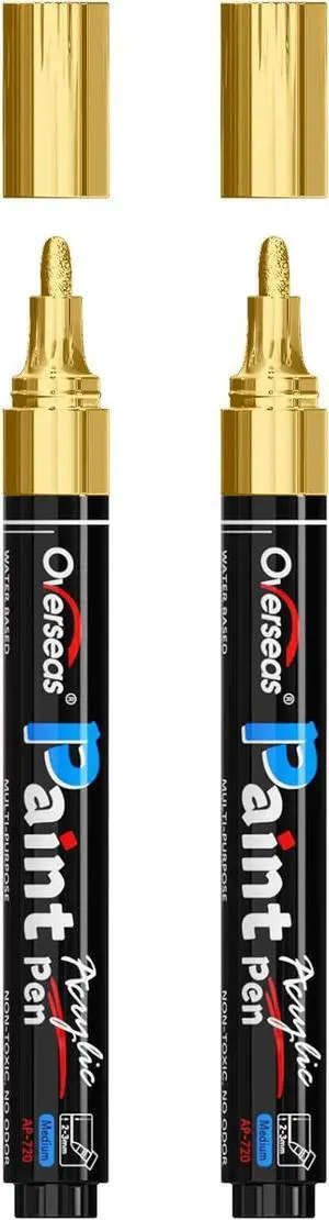 Overseas 2 Pack Gold Acrylic Paint Pens Permanent Markers, Medium Tip | Waterproof, Quick Dry, Great Coverage, Water Based Acrylic Paint Markers for Wood, Canvas, Rock, Glass, Leather, Metal Overseas 2 Pack Gold Acrylic Paint Pens Permanent Markers, Medium Tip | Waterproof, Quick Dry, Great Coverage, Water Based Acrylic Paint Markers for Wood, Canvas, Rock, Glass, Leather, Metal