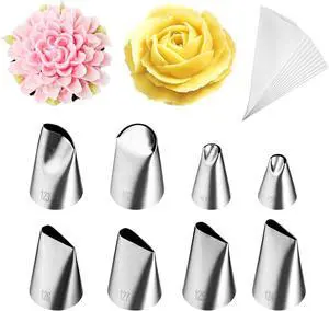 Kasmoire 8 Pcs Rose Flower Piping Tips Set,Petal Icing Tips with 10 Pcs Disposable Piping Bags for Cake Decorating Kasmoire 8 Pcs Rose Flower Piping Tips Set,Petal Icing Tips with 10 Pcs Disposable Piping Bags for Cake Decorating