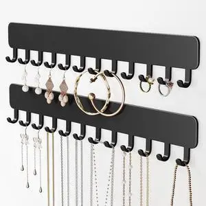 Wall-Mounted Jewelry Organizer, Self-Adhesive Hanging Holder with Hooks for Necklaces, Bracelets, Earrings - Display Storage for Women, 2PCS, Black Wall-Mounted Jewelry Organizer, Self-Adhesive Hanging Holder with Hooks for Necklaces, Bracelets, Earrings - Display Storage for Women, 2PCS, Black