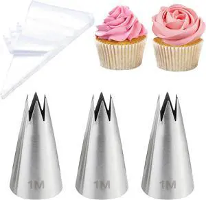 Large 1M Open Star Stainless Steel Piping Tips, 3 Pieces | 20 Disposable Piping Bags, For Cake Decorating, Cupcakes Icing and Frosting Large 1M Open Star Stainless Steel Piping Tips, 3 Pieces | 20 Disposable Piping Bags, For Cake Decorating, Cupcakes Icing and Frosting