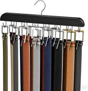 Belt Hanger for Closet Max 42 Belts, Belt Organizer Closet Accessories | Sturdy Wood Belt Holder with 14 Rustproof Metal Hooks, Space Saving Belt Rack for Closet Organizers and Storage - Black Belt Hanger for Closet Max 42 Belts, Belt Organizer Closet Accessories | Sturdy Wood Belt Holder with 14 Rustproof Metal Hooks, Space Saving Belt Rack for Closet Organizers and Storage - Black