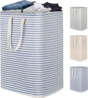 efluky Slim Laundry Basket, Narrow Laundry Hamper with Handles, Collapsible Dirty Clothes Hamper, Tall Laundry Bin for Laundry Room, Dorm and Bedroom, 80L, Striped Blue efluky Slim Laundry Basket, Narrow Laundry Hamper with Handles, Collapsible Dirty Clothes Hamper, Tall Laundry Bin for Laundry Room, Dorm and Bedroom, 80L, Striped Blue