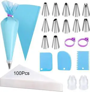 120 Pcs Piping Bags and Tips Set, 12 Inch Disposable Icing Pastry Bags, Cake Decorating Kit Baking Supplies with Reusable Piping Bag, Frosting Tips, Couplers & Scrapers 120 Pcs Piping Bags and Tips Set, 12 Inch Disposable Icing Pastry Bags, Cake Decorating Kit Baking Supplies with Reusable Piping Bag, Frosting Tips, Couplers & Scrapers