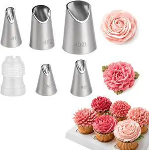 6 Pcs Cake Decorating Tips, Rose Flower Piping Tips Set with Coupler | (79/80/81/402/402L). Stainless Steel Icing Nozzles for Buttercream Frosting, Cookie, Pastry, Dessert Baking for Home Bakers 6 Pcs Cake Decorating Tips, Rose Flower Piping Tips Set with Coupler | (79/80/81/402/402L). Stainless Steel Icing Nozzles for Buttercream Frosting, Cookie, Pastry, Dessert Baking for Home Bakers