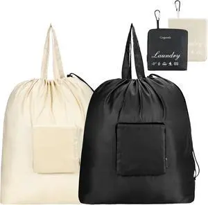 GOGOODA Travel Laundry Bags with Drawstring Closure XL Large with Handle | Foldable Dirty Clothes bags Heavy Duty and Washable for College Dorm Travelling Camping, 2 Pack, Black & Beige GOGOODA Travel Laundry Bags with Drawstring Closure XL Large with Handle | Foldable Dirty Clothes bags Heavy Duty and Washable for College Dorm Travelling Camping, 2 Pack, Black & Beige