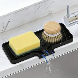 Silicone Sponge Holder for Kitchen Sink With Drain Spout, Self Draining, Kitchen Soap Tray, Bathroom Organizer, Sink Caddy (Black, 10×4) Silicone Sponge Holder for Kitchen Sink With Drain Spout, Self Draining, Kitchen Soap Tray, Bathroom Organizer, Sink Caddy (Black, 10×4)