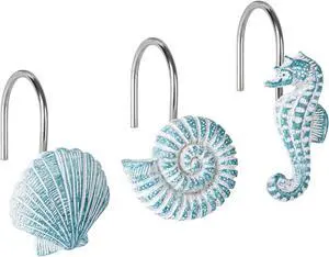 Sunlit Seashells Decorative Shower Curtain Hooks, Aqua Blue Ocean Creatures Coastal Shower Curtain Rings, Resin, Nautical Bathroom Decoration Beach Hooks-12 Pack Sunlit Seashells Decorative Shower Curtain Hooks, Aqua Blue Ocean Creatures Coastal Shower Curtain Rings, Resin, Nautical Bathroom Decoration Beach Hooks-12 Pack