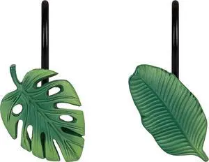 Tropical Leaf Decorative Shower Curtain Hooks, Green Botanical Shower Curtain Rings with Black Hooks, Resin, Monstera Deliciosa Strelitzia Reginae Leaves Shower Curtain Hangers for Bathroom, Set of 12 Tropical Leaf Decorative Shower Curtain Hooks, Green Botanical Shower Curtain Rings with Black Hooks, Resin, Monstera Deliciosa Strelitzia Reginae Leaves Shower Curtain Hangers for Bathroom, Set of 12