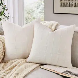 ZeeMart Linen Checked Throw Pillow Covers Set of 2, 18x18 Inch Ivory/Cream, Farmhouse Decorative Single Sided Grid Embroidered Couch Pillow Cases Off White Cotton Linen Cushion Covers ZeeMart Linen Checked Throw Pillow Covers Set of 2, 18x18 Inch Ivory/Cream, Farmhouse Decorative Single Sided Grid Embroidered Couch Pillow Cases Off White Cotton Linen Cushion Covers