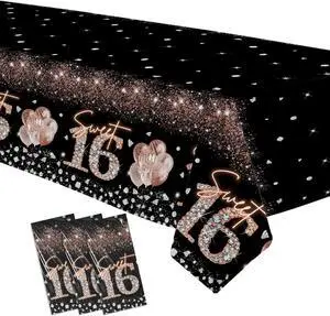 Sweet 16 Birthday Tablecloth Decorations Girls, Black Rose Gold, 3pcs | Disposable Happy 16th Birthday Party Supplies Table Cover, 86in x 55in Sweet 16 Birthday Tablecloth Decorations Girls, Black Rose Gold, 3pcs | Disposable Happy 16th Birthday Party Supplies Table Cover, 86in x 55in