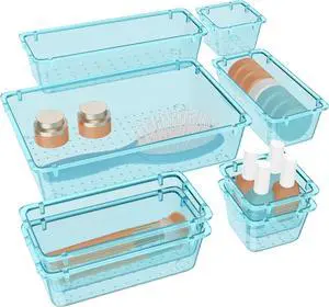 WOWBOX 8 PCS Plastic Drawer Organizer Set, 4 Sizes Desk Drawer Organization and Storage Containers for Makeup, Cosmetics, Jewelry and Gadgets in Kitchen, Bathroom, Bedroom, Office, Clear Sea Blue WOWBOX 8 PCS Plastic Drawer Organizer Set, 4 Sizes Desk Drawer Organization and Storage Containers for Makeup, Cosmetics, Jewelry and Gadgets in Kitchen, Bathroom, Bedroom, Office, Clear Sea Blue