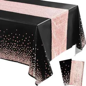Irenare 2 Pcs Tablecloth and Sequin Table Runner Set,Black, Rose Gold | Sequin Runner with Confetti Dots Plastic Cover, Disposable for Birthday Wedding Anniversary Celebrations Dining Decor Irenare 2 Pcs Tablecloth and Sequin Table Runner Set,Black, Rose Gold | Sequin Runner with Confetti Dots Plastic Cover, Disposable for Birthday Wedding Anniversary Celebrations Dining Decor
