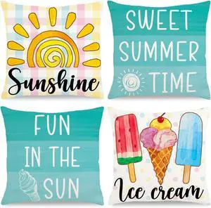 Summer Pillow Covers 18x18 Inch Ice Cream Blue Throw Pillowcase Set of 4 | Home Farmhouse Couch Sofa Bed Indoor Outdoor Decor Summer Pillow Covers 18x18 Inch Ice Cream Blue Throw Pillowcase Set of 4 | Home Farmhouse Couch Sofa Bed Indoor Outdoor Decor