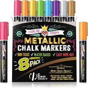 CHALKY CROWN Metallic Liquid Chalk Markers Chalkboard Markers - 8 Pack,6mm | Shimmering Metallic Colors for Blackboards, Windows & Mirrors - Reversible Chisel & Bullet Tips - Dust-Free & Erasable CHALKY CROWN Metallic Liquid Chalk Markers Chalkboard Markers - 8 Pack,6mm | Shimmering Metallic Colors for Blackboards, Windows & Mirrors - Reversible Chisel & Bullet Tips - Dust-Free & Erasable