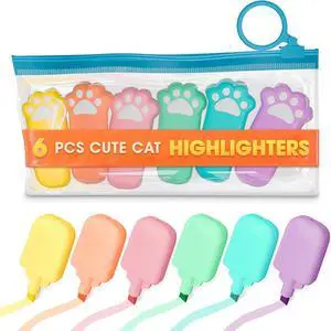 Mini Highlighters Set of 6, Pastel, Mixed Colors, Cute Cat Paw Design | Cat Highlighters; Angled Tip, Quick-Dry Ink; Note-Taking and Planning; for Planners, Study Notes and Color Coding Mini Highlighters Set of 6, Pastel, Mixed Colors, Cute Cat Paw Design | Cat Highlighters; Angled Tip, Quick-Dry Ink; Note-Taking and Planning; for Planners, Study Notes and Color Coding