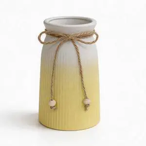 Small Ceramic Vase for Home Decor, 6" Farmhouse Ribbed Vase with Twine Bow, Yellow Decorative Flower Vase for Pampas Grass, Rustic Boho Vase for Table, Shelf, Living Room, Office Small Ceramic Vase for Home Decor, 6" Farmhouse Ribbed Vase with Twine Bow, Yellow Decorative Flower Vase for Pampas Grass, Rustic Boho Vase for Table, Shelf, Living Room, Office