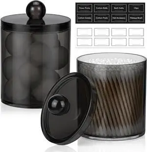 2 Pack Acrylic Qtip Holder Dispenser for Cotton Swabs, Balls, Floss Picks | Thick, Clear Black, w/ Labels - Small Canister Apothecary Jar Set, Bathroom Decor Essentials, Shelf Vanity Storage Organizer 2 Pack Acrylic Qtip Holder Dispenser for Cotton Swabs, Balls, Floss Picks | Thick, Clear Black, w/ Labels - Small Canister Apothecary Jar Set, Bathroom Decor Essentials, Shelf Vanity Storage Organizer