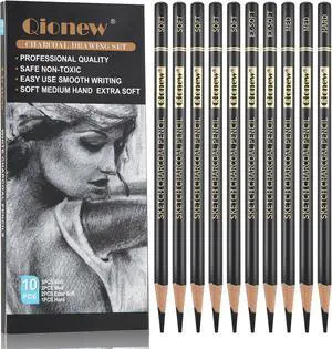 Qionew Professional Soft Medium and Hard Charcoal Pencils Drawing Set 10Pcs | Super Soft, Soft, Medium & Hard Charcoal Pencils for Drawing, Sketching, Shading, Beginners & Artists Qionew Professional Soft Medium and Hard Charcoal Pencils Drawing Set 10Pcs | Super Soft, Soft, Medium & Hard Charcoal Pencils for Drawing, Sketching, Shading, Beginners & Artists