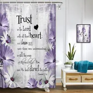 Rustic Farmhouse Purple Shower Curtain Bible Verse Inspirational Shower Curtain Country Farm Bright Violet Daisy Flowers Butterfly Abstract Shower Curtain Set for Bathroom, 36X70IN Rustic Farmhouse Purple Shower Curtain Bible Verse Inspirational Shower Curtain Country Farm Bright Violet Daisy Flowers Butterfly Abstract Shower Curtain Set for Bathroom, 36X70IN